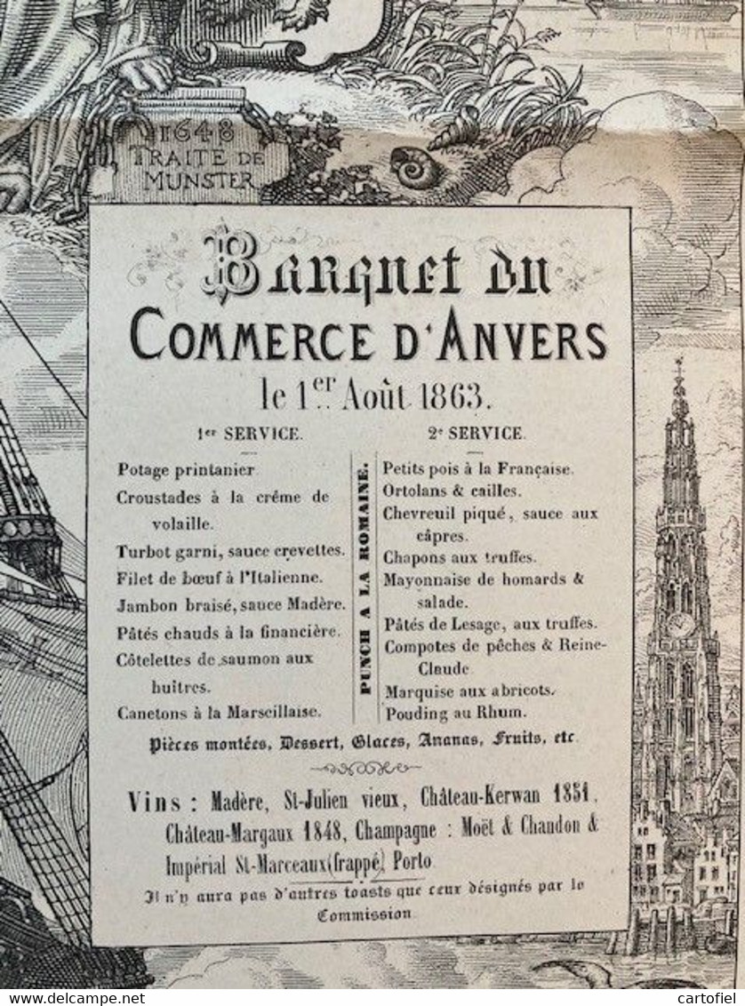 GRAND MENU-BANQUET-COMMERCE-ANVERS-AFFRANCHISSEMENT-L'ESCAUT-1863-HUBERT MEYER-LITHOGRAPHIE-S.MAYER-DIM+-23-38CM-TOP - Menu