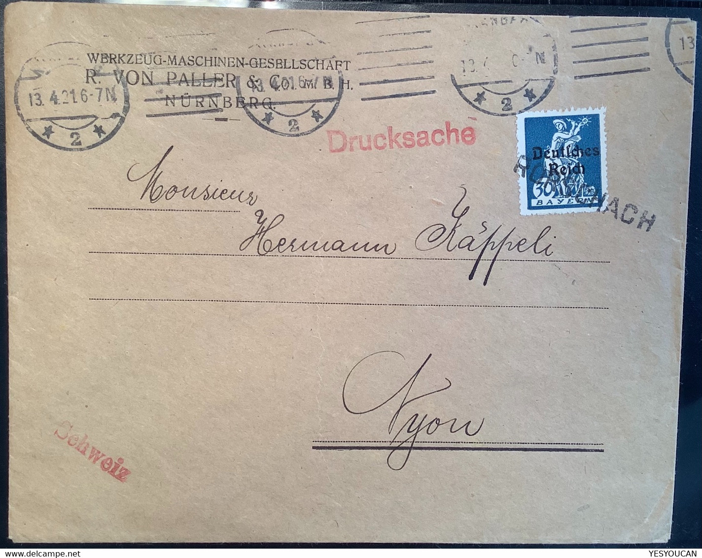 "RORSCHACH" Schweiz SG Seltener Transit-Stempel Auf Dt Reich/Bayern Mi123 Drucksache Brief NÜRNBERG>Nyon VD (Infla - Lettres & Documents