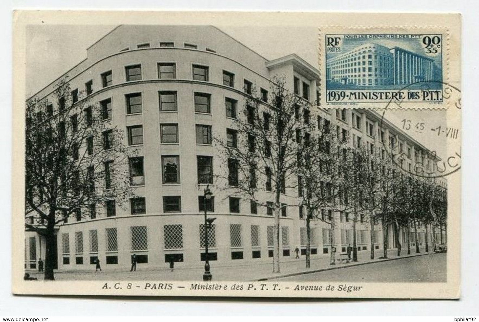 !!! CARTE MAXIMUM MINISTERE DES PTT CACHET DE PARIS DU 1/8/1939 - 1930-1939