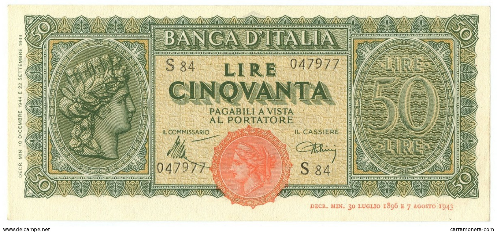 50 LIRE ITALIA TURRITA TESTINA 10/12/1944 SUP - Regno D'Italia - Altri