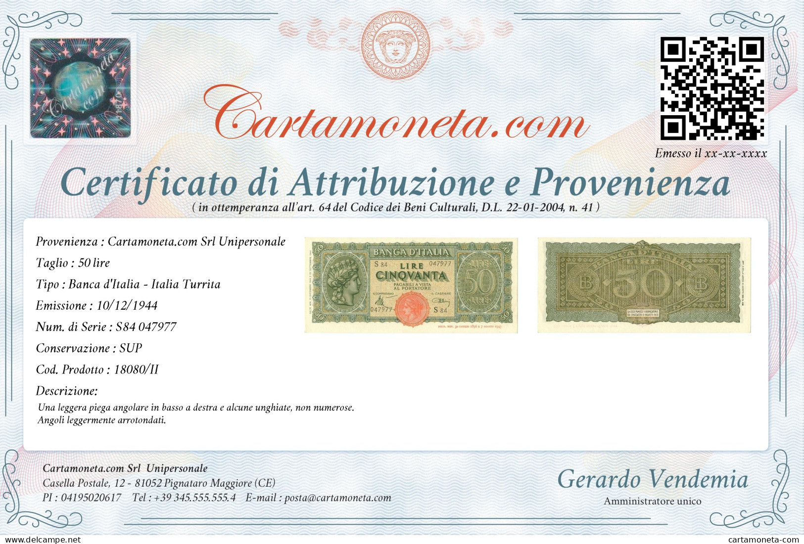 50 LIRE ITALIA TURRITA TESTINA 10/12/1944 SUP - Andere