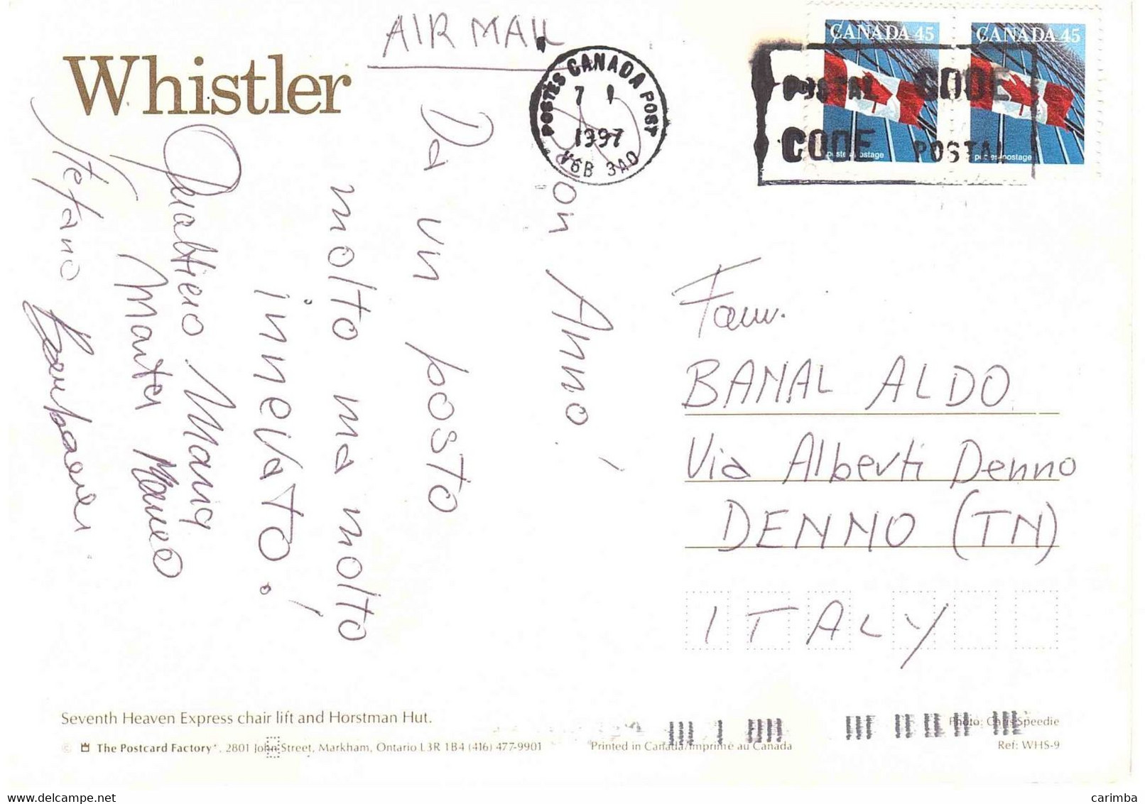 CARTOLINA PER ITALIA WHISLER - Covers & Documents