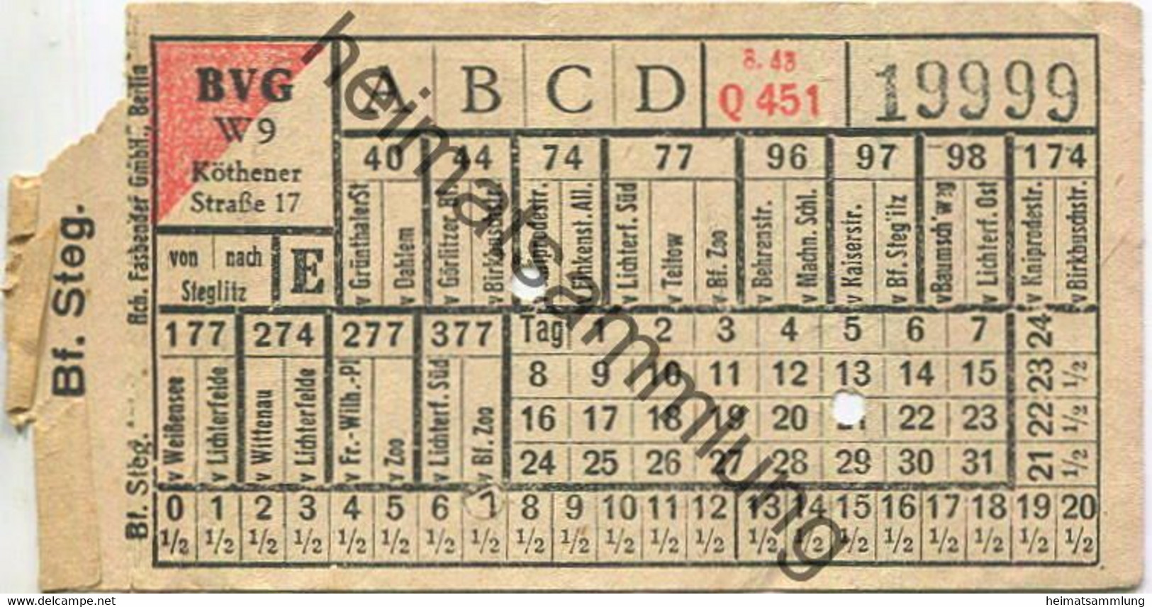 Deutschland - Berlin - BVG - Strassenbahn Fahrschein 1943 - Von / Nach Steglitz - Europa