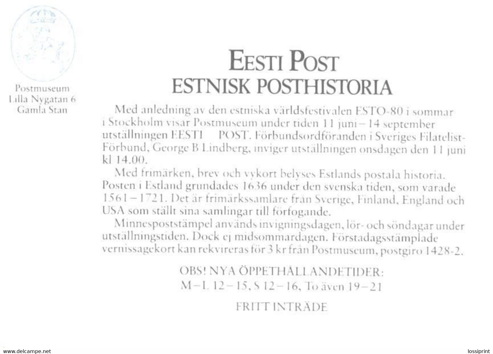 Sweden:Estonia:Post Museum In Stockholm, Eesti Post, Special Cancellation 1980 - Cartes-maximum (CM)