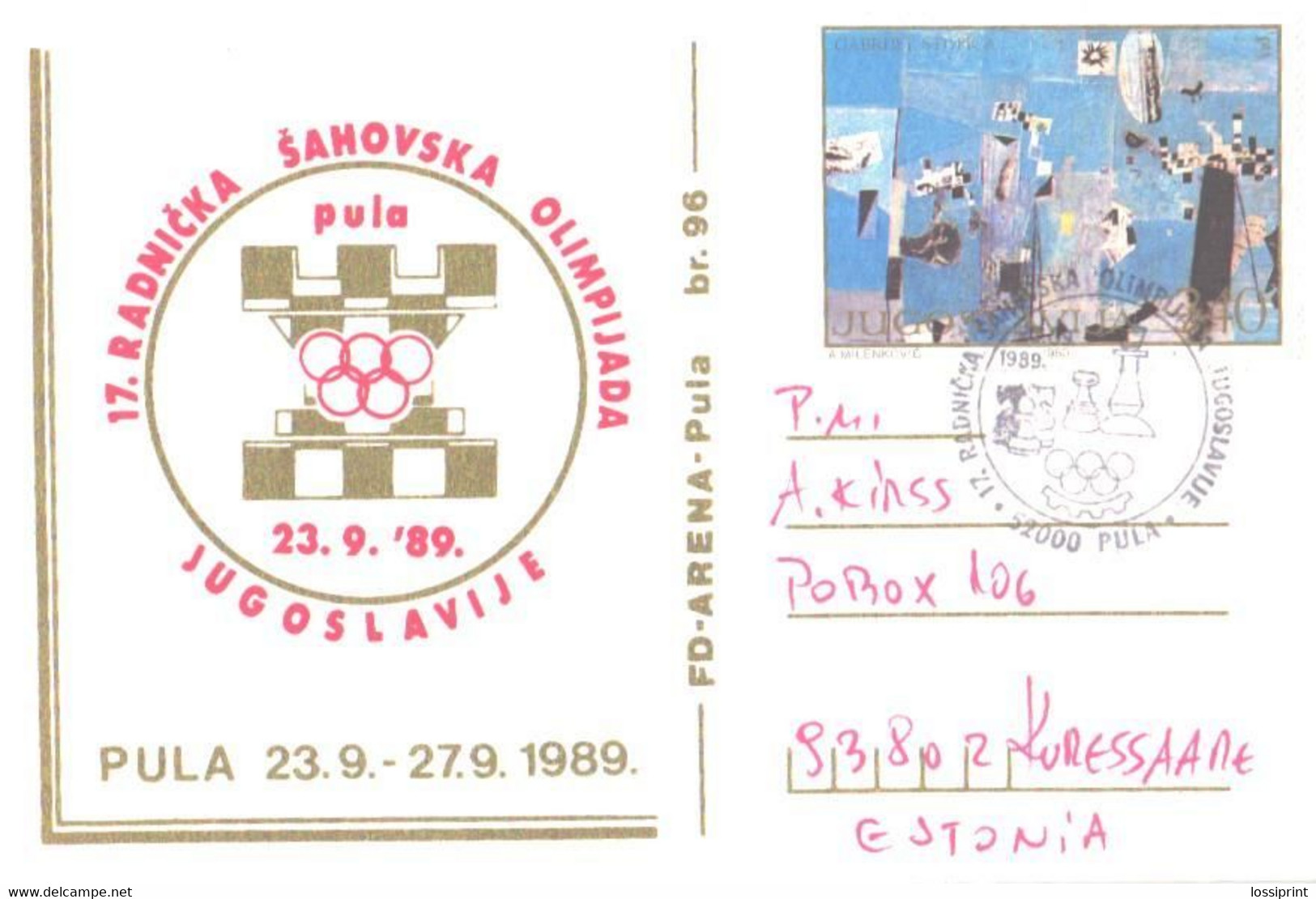 Jugoslavia:Jugoslavija:Yugoslavia:Maxi Card With Special Cancellation 17. Chess Olympiade In Pula 1989 - Cartes-maximum