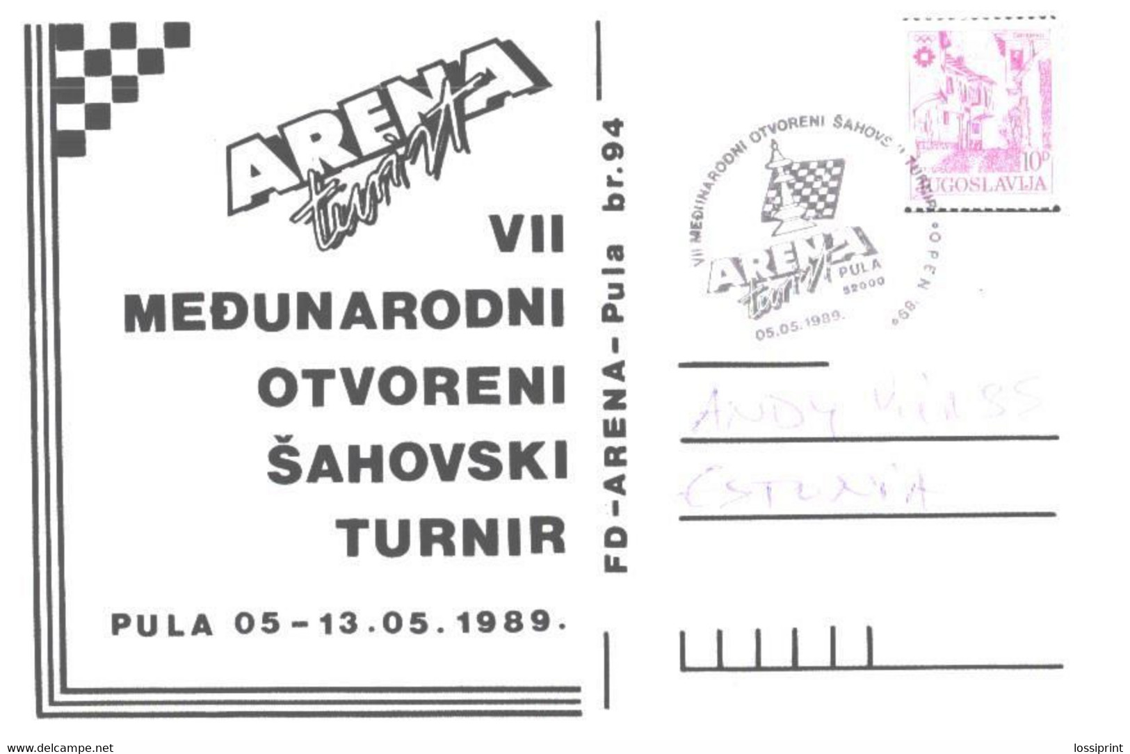 Jugoslavia:Jugoslavija:Yugoslavia:Maxi Card With Special Cancellation VII International Team Chess Tournament,Pula,1989 - Cartes-maximum