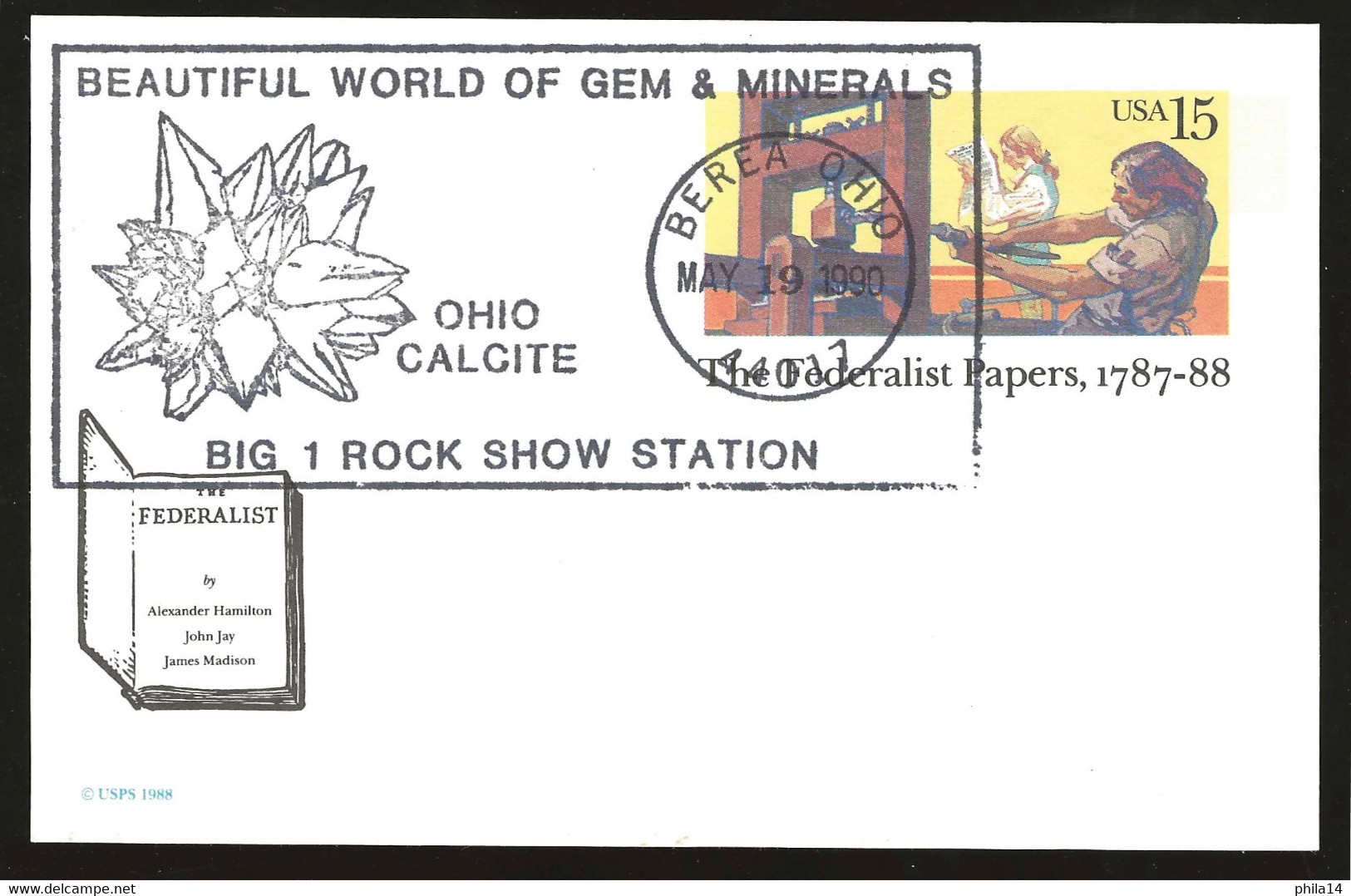 SP CARTE USA BEREA OHIO / THEME MINERAUX / GEMS / 1990 / BEAUTIFUL WORLD OF GEM & MINERALS CALCITE / FEDERALIST PAPERS - Minéraux