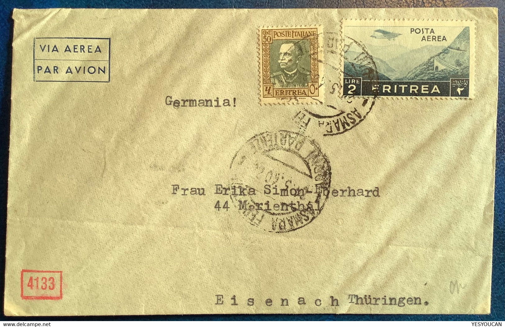 "ASMARA ERITREA 1940"VIA AEREA/PAR AVION German OKW D CENSORED>Eisenach Thüringen (lettera Lettre Zensur Brief  Erythrée - Erythrée