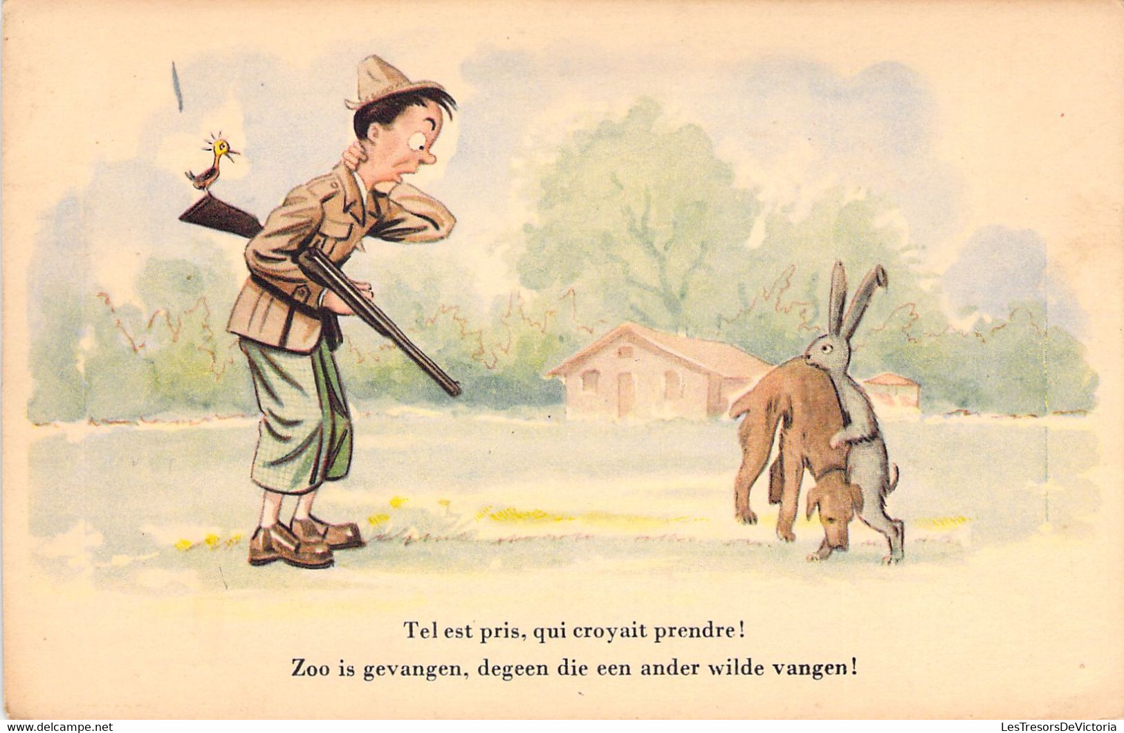 HUMOUR - Chasseur - Tel Est Pris Qui Croyais Prendre - Le Lapin A Un Chien Dans La Gueule - Carte Postale Ancienne - Humour