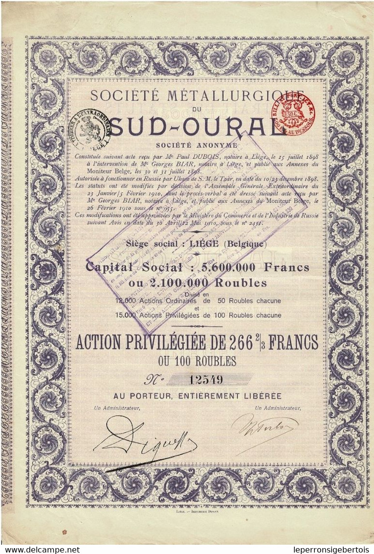 - Titre De 1910 - Société Métallurgique Du Sud-Oural - - Russland