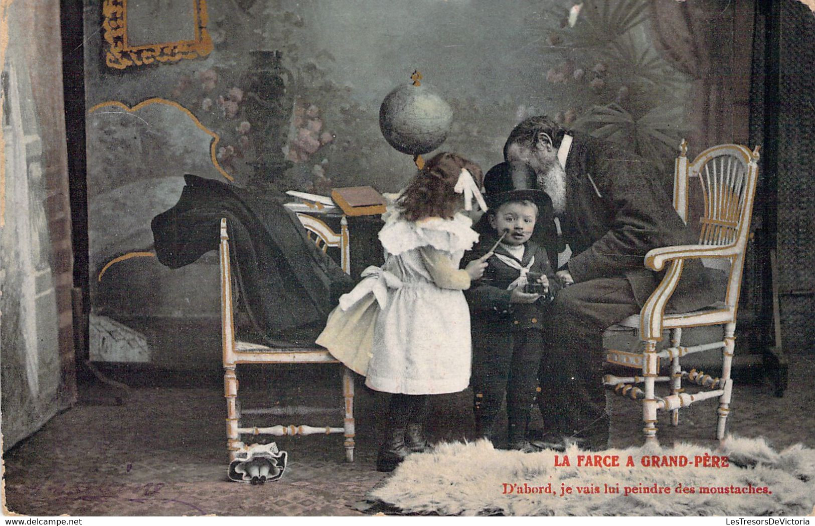 HUMOUR - La Farce à Grand Père - D'abord Je Vais Lui Peindre Des Moustaches - Enfants - Carte Postale Ancienne - Humor