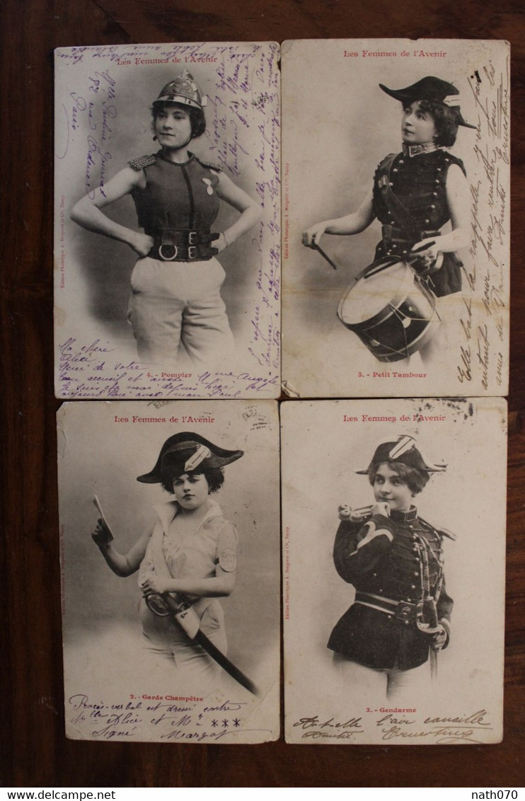 AK 1905's Lot 4 Cpa Les Femmes De L'Avenir Pompier Gendarme Garde Champêtre Petit Tambour Voyagées - Autres & Non Classés