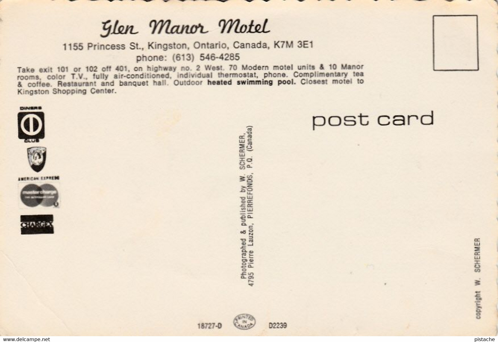 3642 – Kingston Ontario – Glen Manor Motel Restaurant – 1960-1965 Cars Voitures – Large 6 X 4 PC – VG Condition 2 Scans - Kingston