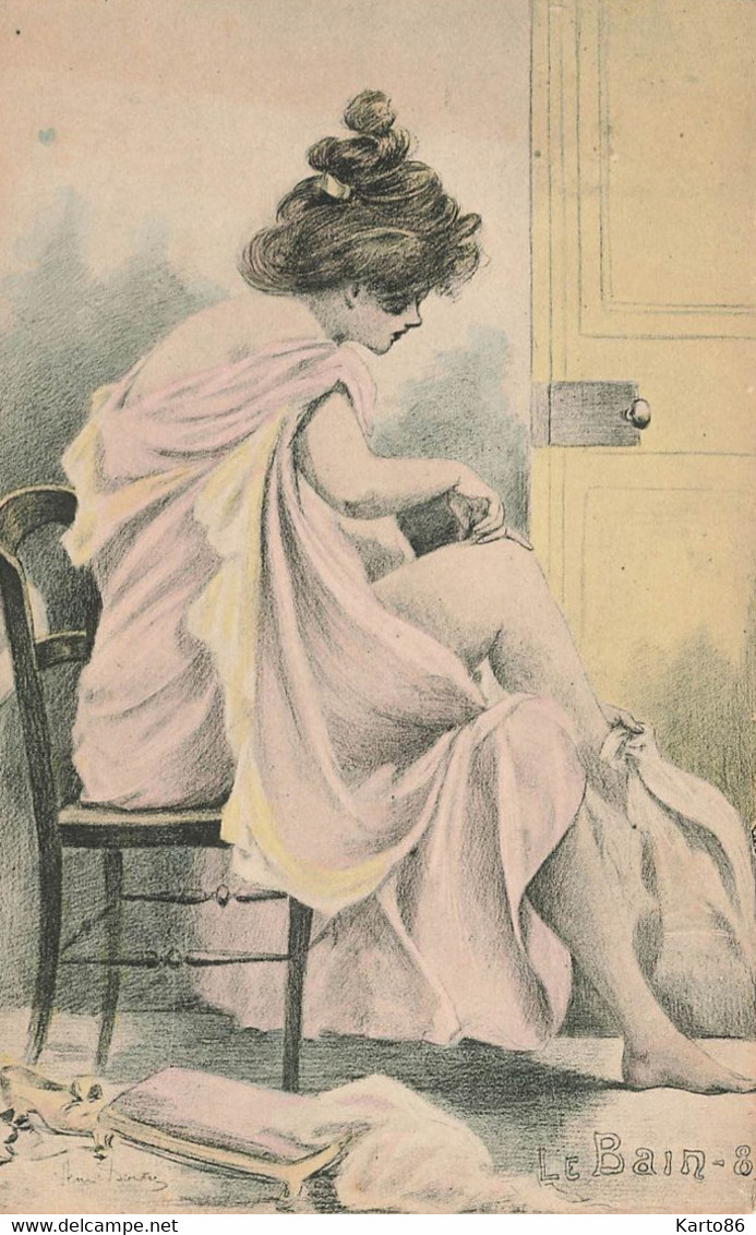 Henri BOUTET * série 8 CPA illustrateur art nouveau jugendstil boutet * Le Bain * femme nue seins nus curiosa