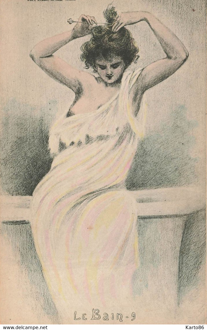 Henri BOUTET * série 8 CPA illustrateur art nouveau jugendstil boutet * Le Bain * femme nue seins nus curiosa