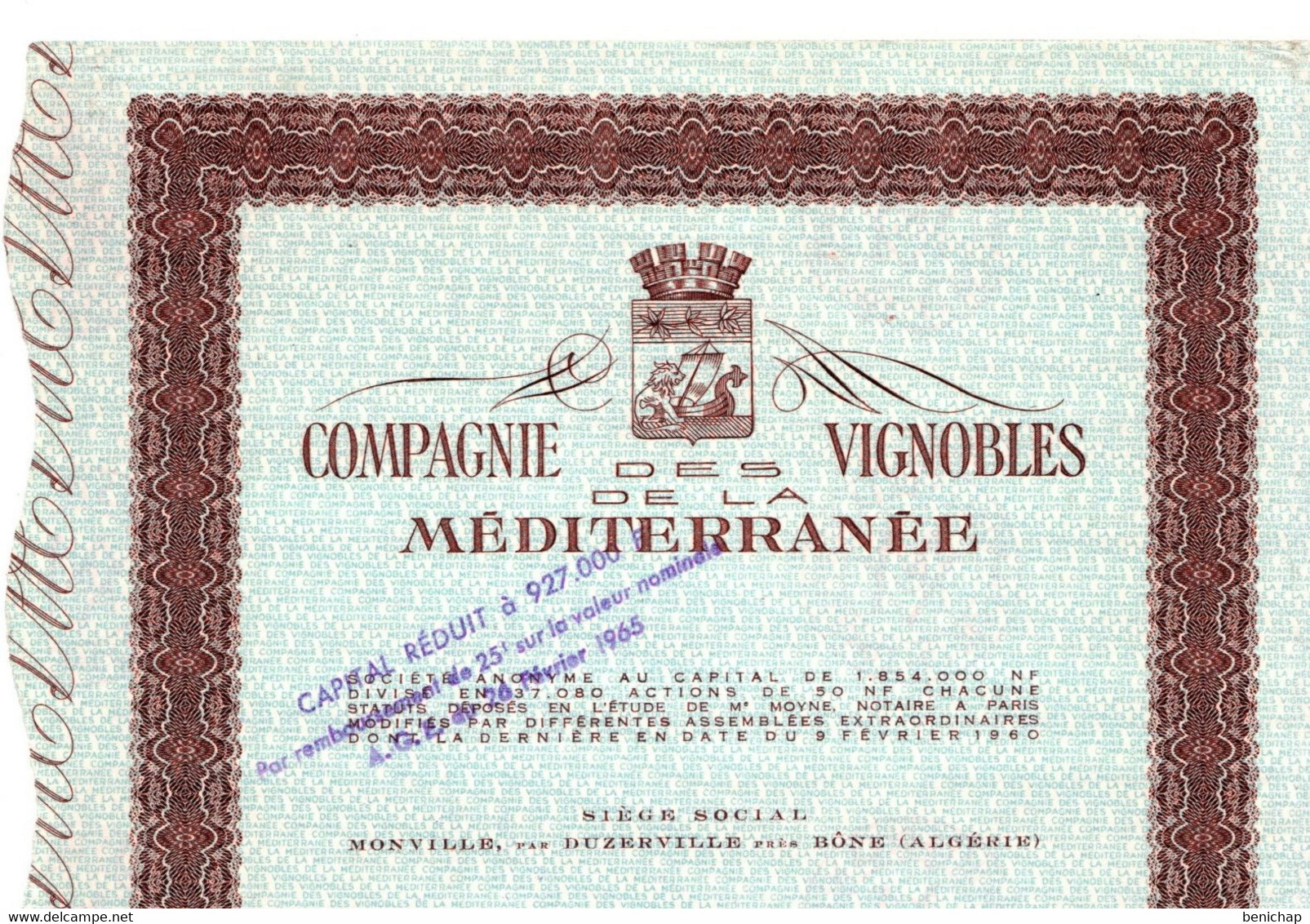 Compagnie Des Vignobles De La Méditérranée - Action De 50 NF Au Porteur-Monville Par Duzerville Près Bône (Algérie) 1960 - Landbouw