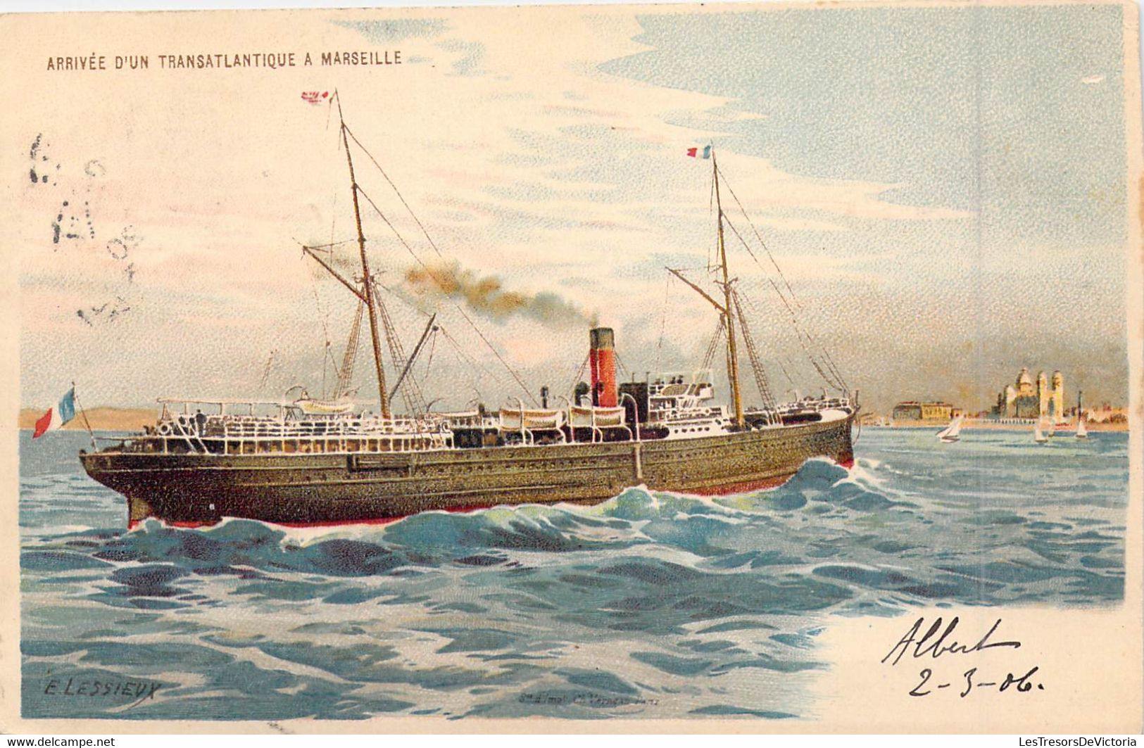 Transport - Transatlantique - Marseille - Illustration - Drapeau Français - E.Lessieux - Carte Postale Ancienne - Paquebots