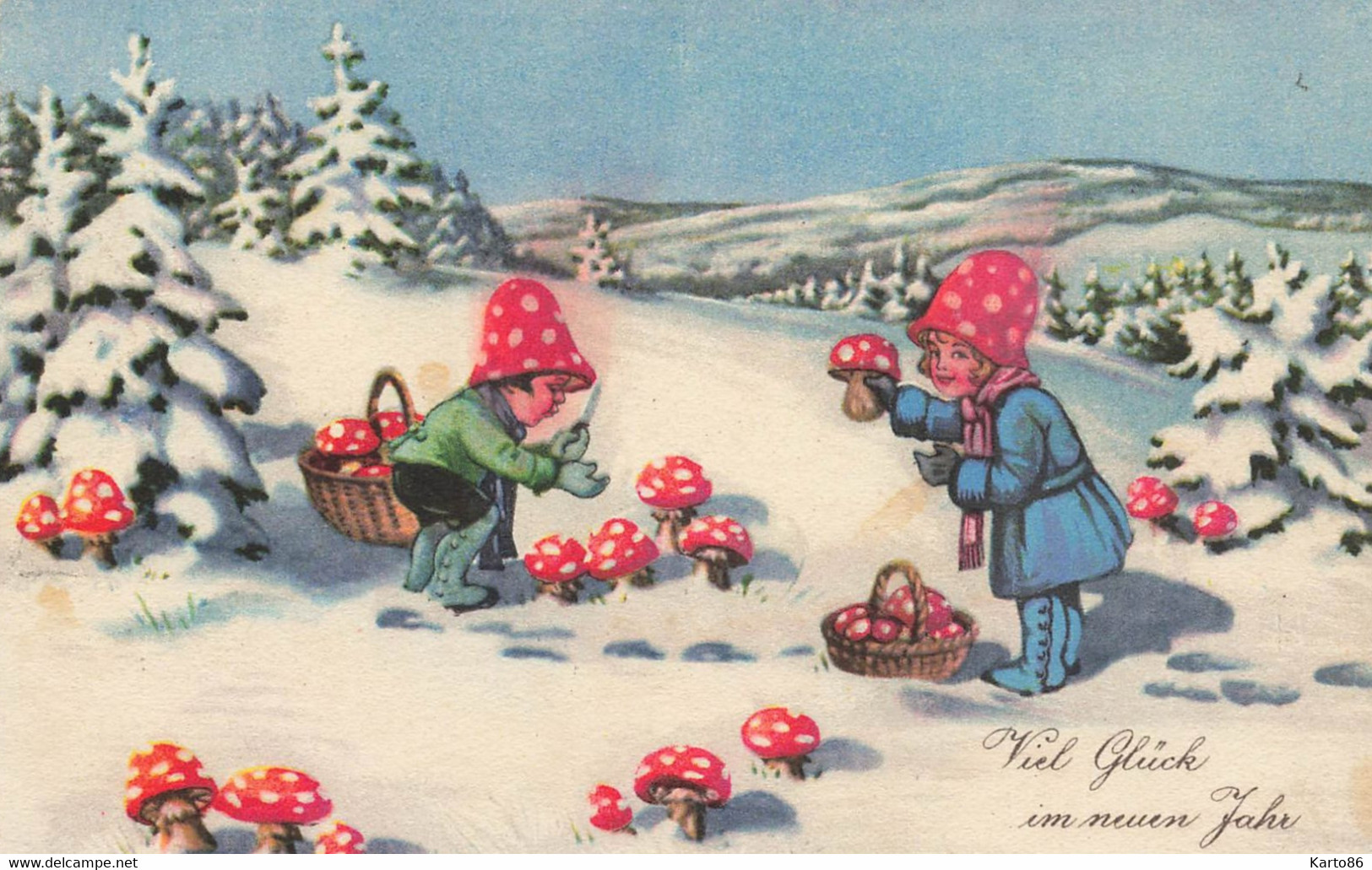 Enfants Champignons * CPA Illustrateur * Cueillette * Mushroom Champignon Chapeau Hat * Neige Hiver - Champignons