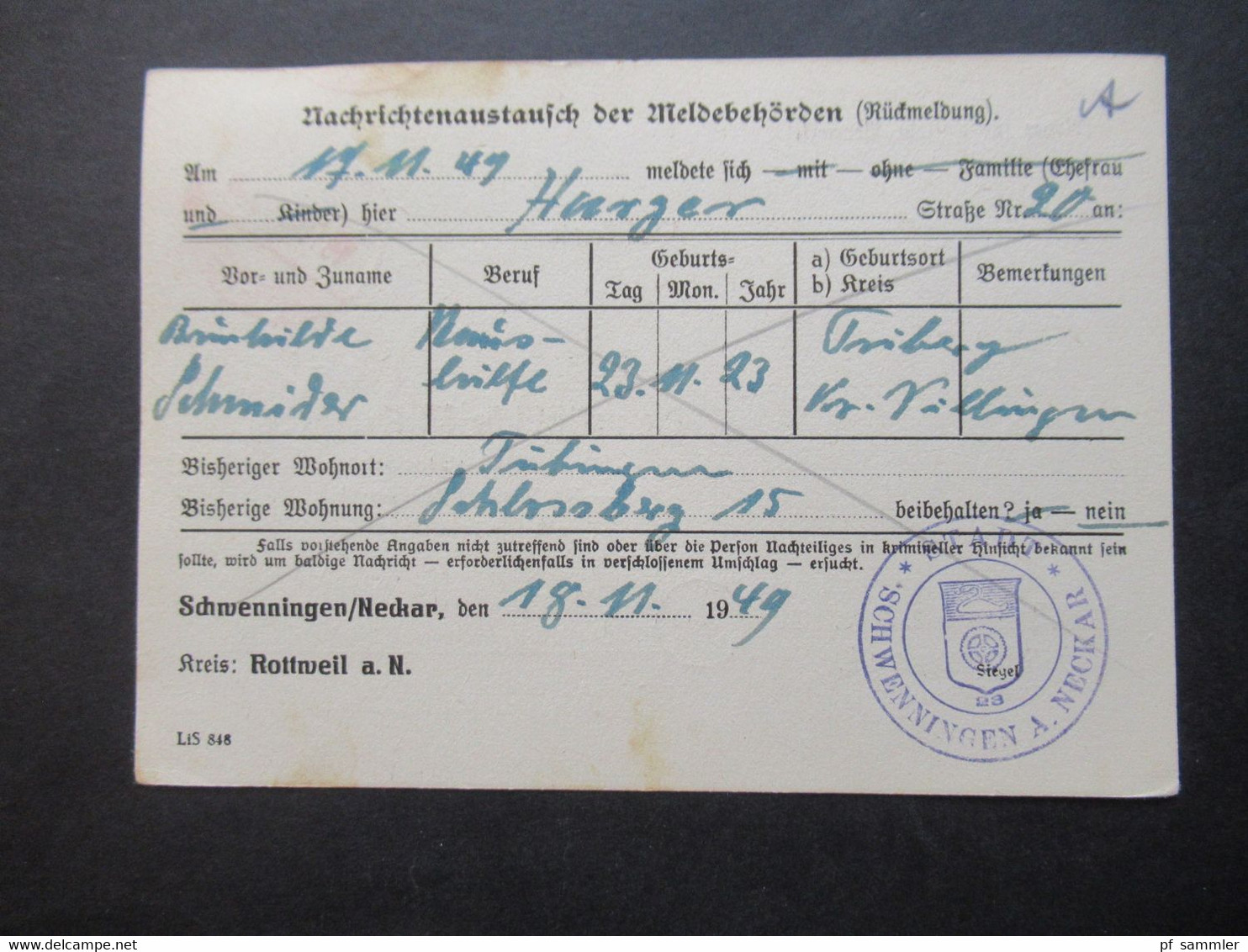 Französische Zone Wohnungsbau-Abgabe Nr.3  Roter Stempel Gebühr Bezahlt 19.11.1949 / Polizeiliche Meldebehörde Tübingen - Sonstige & Ohne Zuordnung