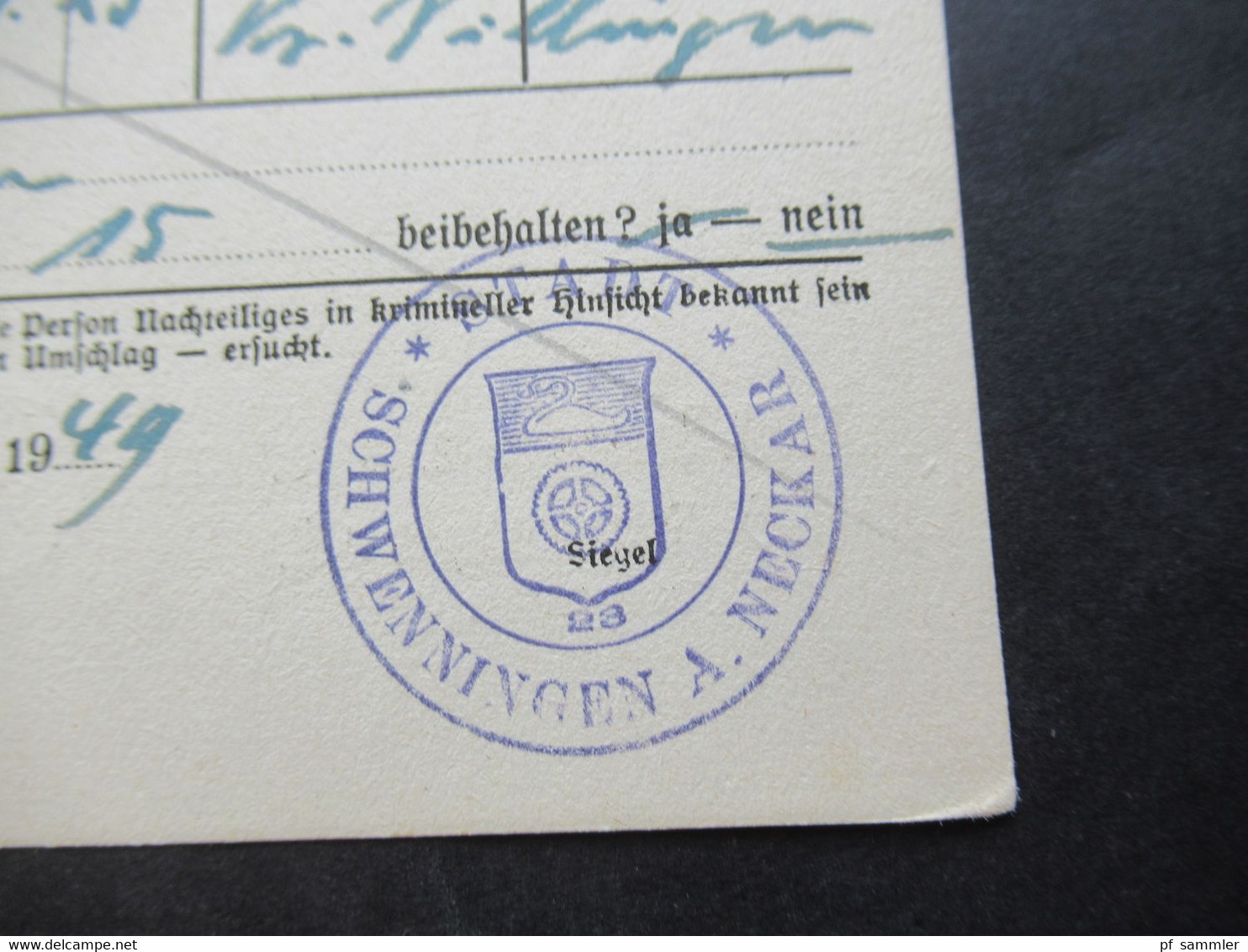 Französische Zone Wohnungsbau-Abgabe Nr.3  Roter Stempel Gebühr Bezahlt 19.11.1949 / Polizeiliche Meldebehörde Tübingen - Andere & Zonder Classificatie