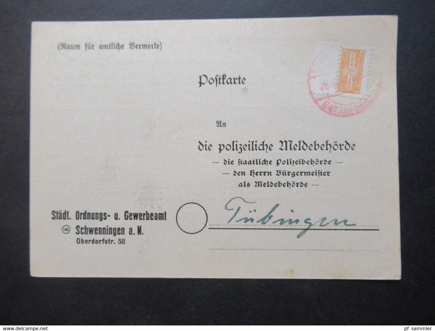 Französische Zone Wohnungsbau-Abgabe Nr.3  Roter Stempel Gebühr Bezahlt 28.10.1949 / Polizeiliche Meldebehörde Tübingen - Other & Unclassified