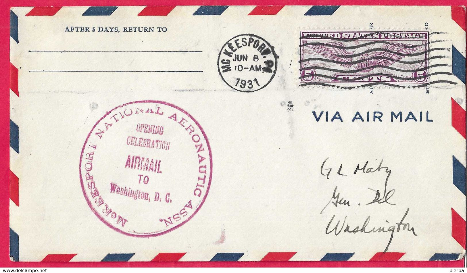 U.S.A. - McKEESPORT NATIONAL AERONAUTIC ASSN. - JUN 8. 1931* ON ENVELOPE TO WASHINGTON - Sonstige & Ohne Zuordnung