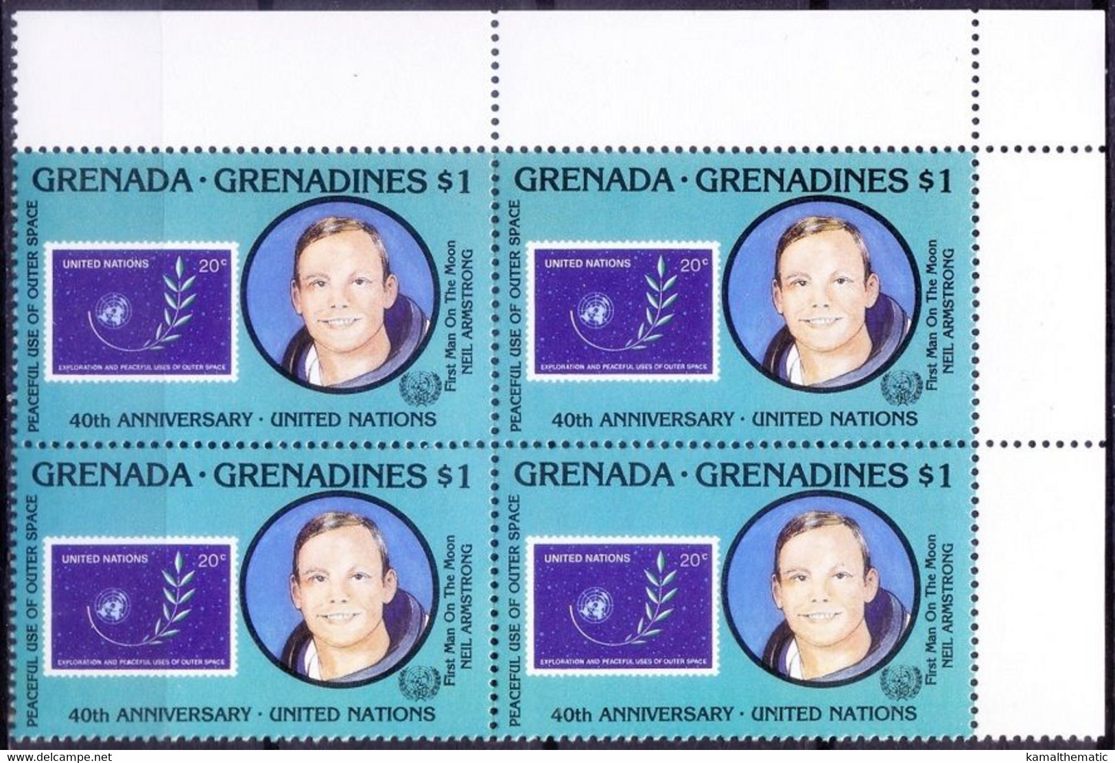 Grenada Grenadines 1985 MNH Blk, Neil Armstrong, Space, Rt Up Corner - América Del Norte