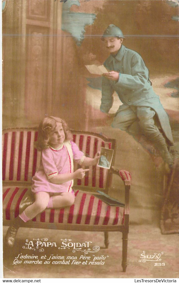 Militaria - Jeune Fille écrit Une Lettre Pour Son Père - Poilu - J'admire Et J'aime Mon Père.. - Carte Postale Ancienne - War 1914-18