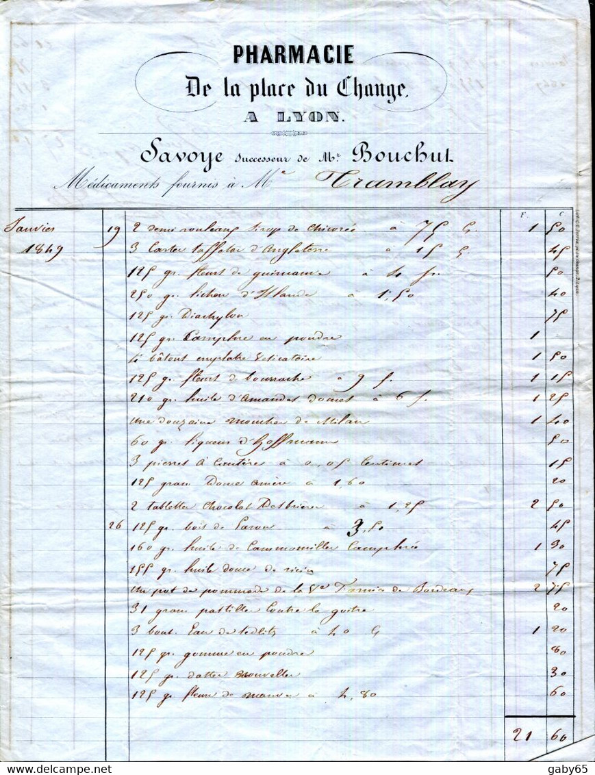 FACTURE.LYON.PHAMACIE DE LA PLACE DU CHANGE.SAVOYE SUCCESSEUR.1849. - Drogerie & Parfümerie