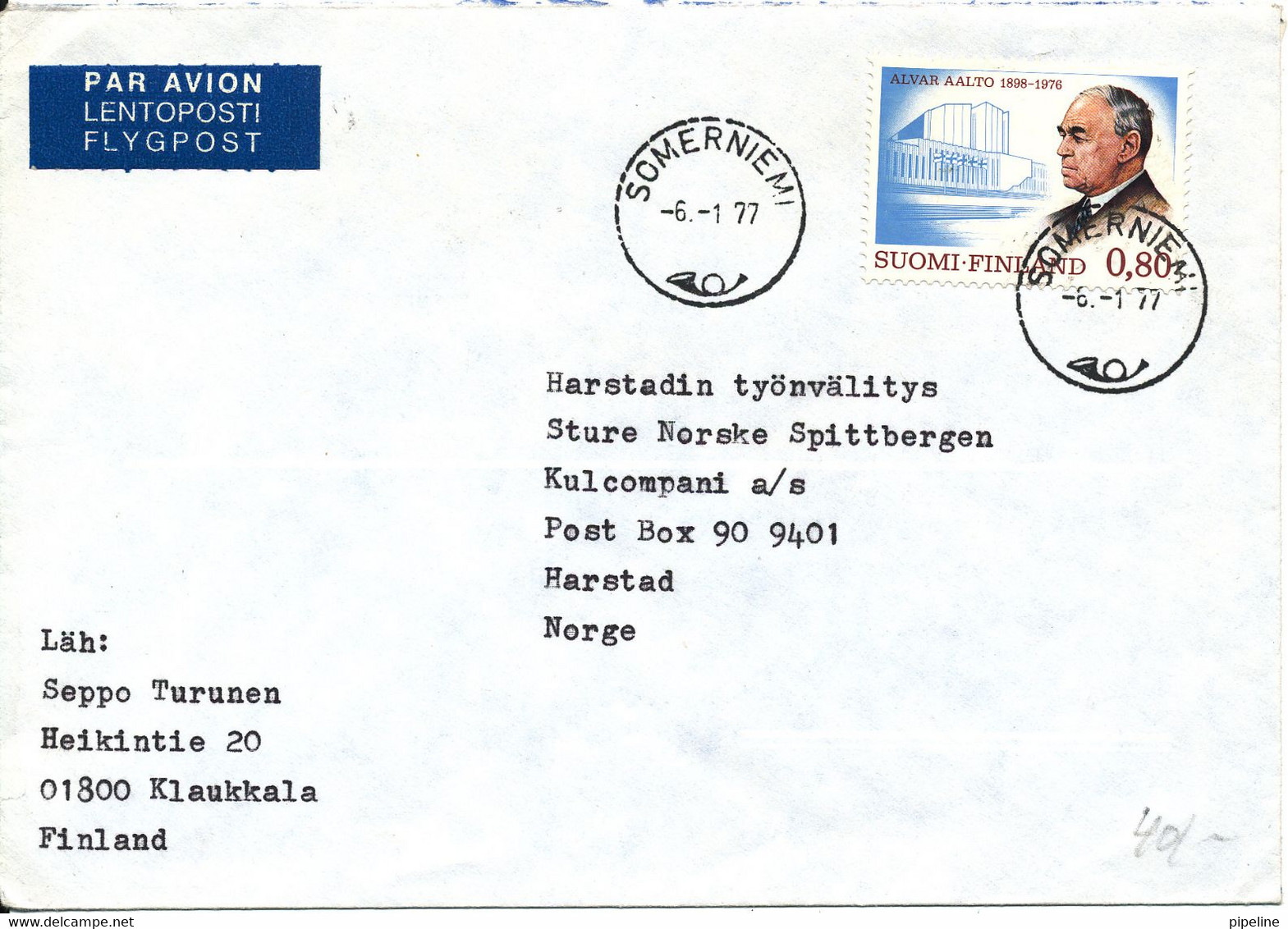 Finland Cover Sent To Norway Somerniemi 6-1-1977 Single Franked - Briefe U. Dokumente