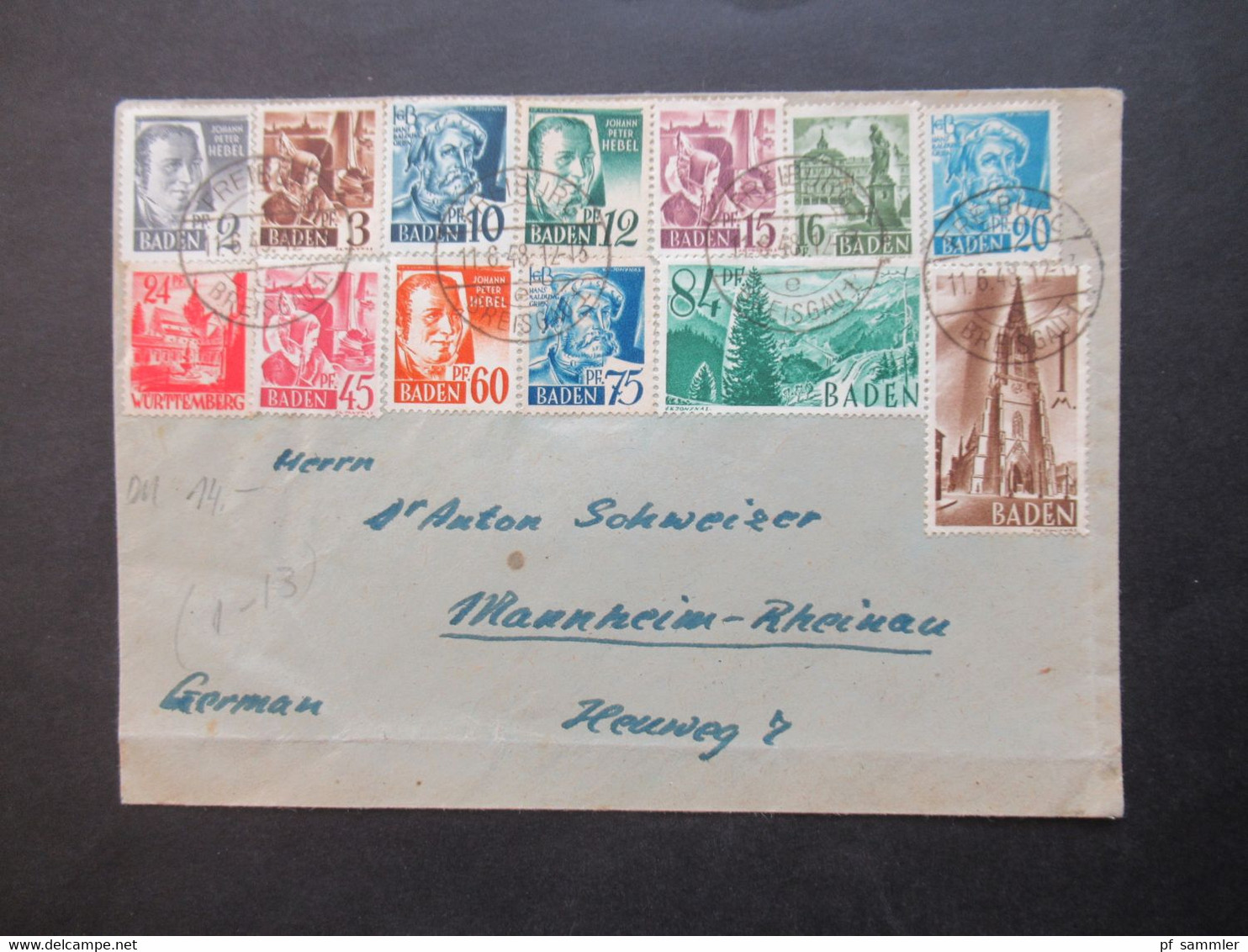 Französische Zone 1948 MiF Baden Und Württemberg / Buntfrankatur Mit 13 Marken Tagesstempel Freiburg (Breisgau) - Bade