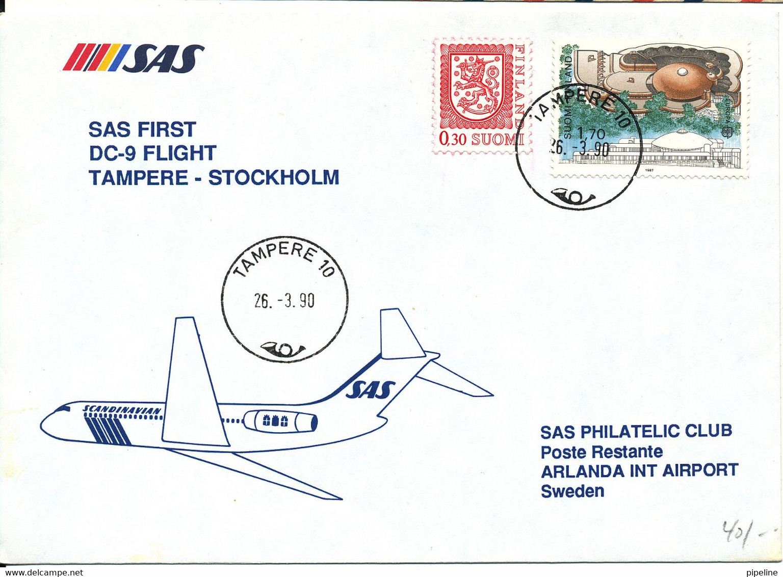 Finland Cover First SAS DC-9 Flight Tampere - Stockholm 26-3-1990 - Lettres & Documents