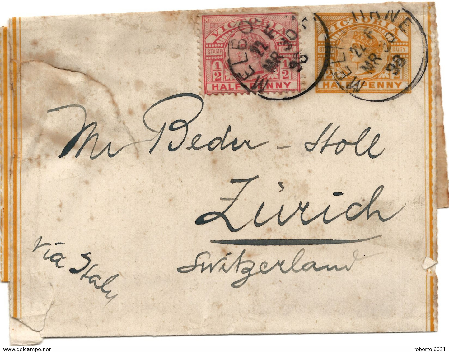 Australia 1898 Victoria Postal Stationery Wrapper Half Penny + Stamp Half Penny From Melbourne To Switzerland - Briefe U. Dokumente