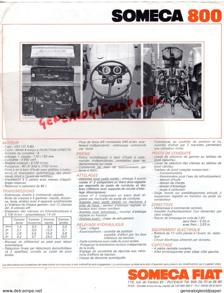 92- PUTEAUX- PROSPECTUS PUBLICITE SOMECA FIAT-TRACTEUR SOMECA 800-  116 RUE DE VERDUN - Landwirtschaft