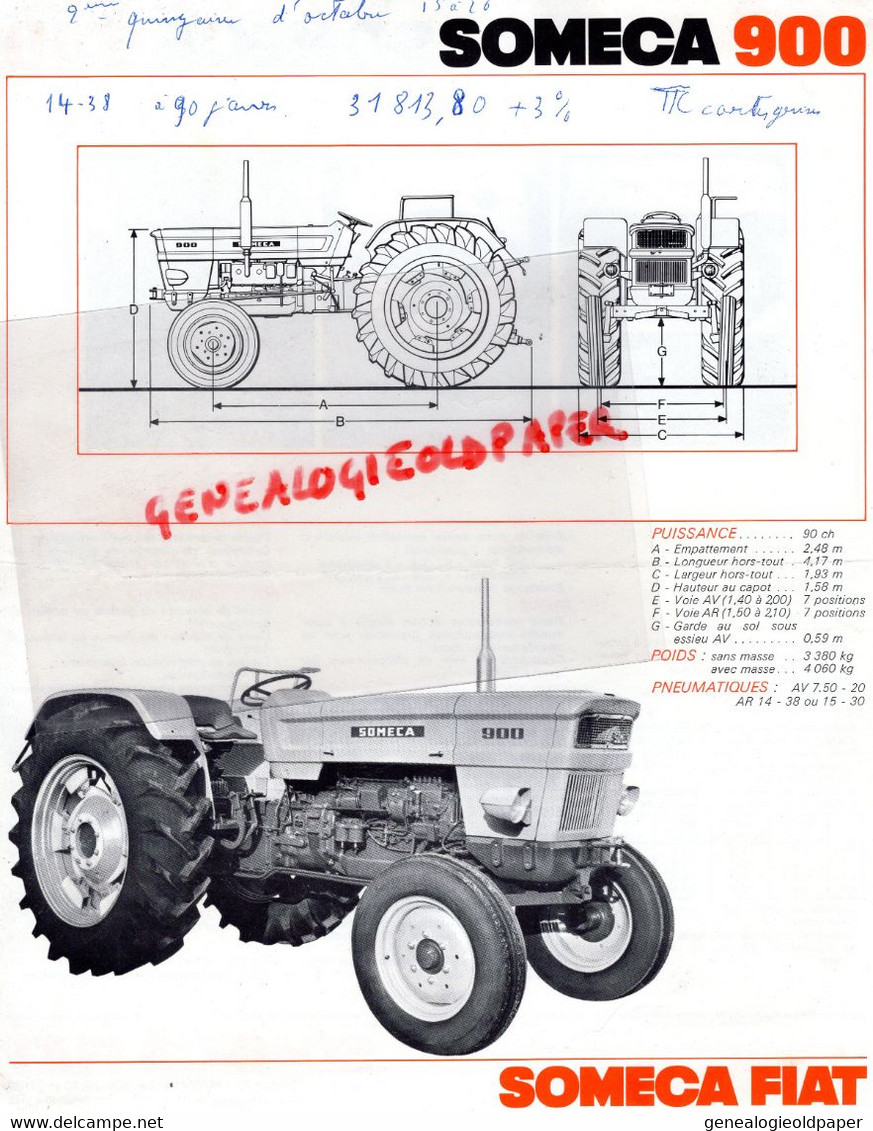 92- PUTEAUX- PROSPECTUS PUBLICITE SOMECA FIAT-TRACTEUR SOMECA  900-  116 RUE DE VERDUN- AGRICULTURE - Landwirtschaft