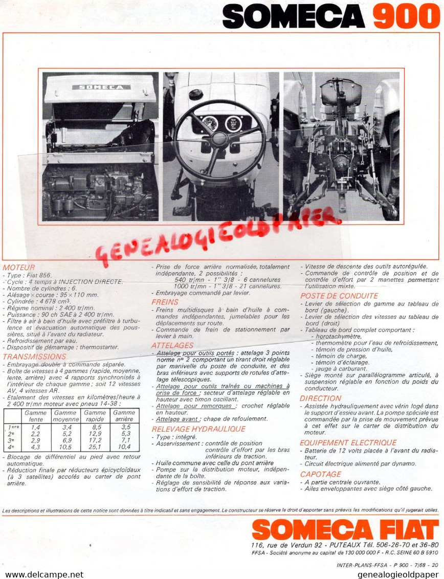 92- PUTEAUX- PROSPECTUS PUBLICITE SOMECA FIAT-TRACTEUR SOMECA  900-  116 RUE DE VERDUN- AGRICULTURE - Landwirtschaft