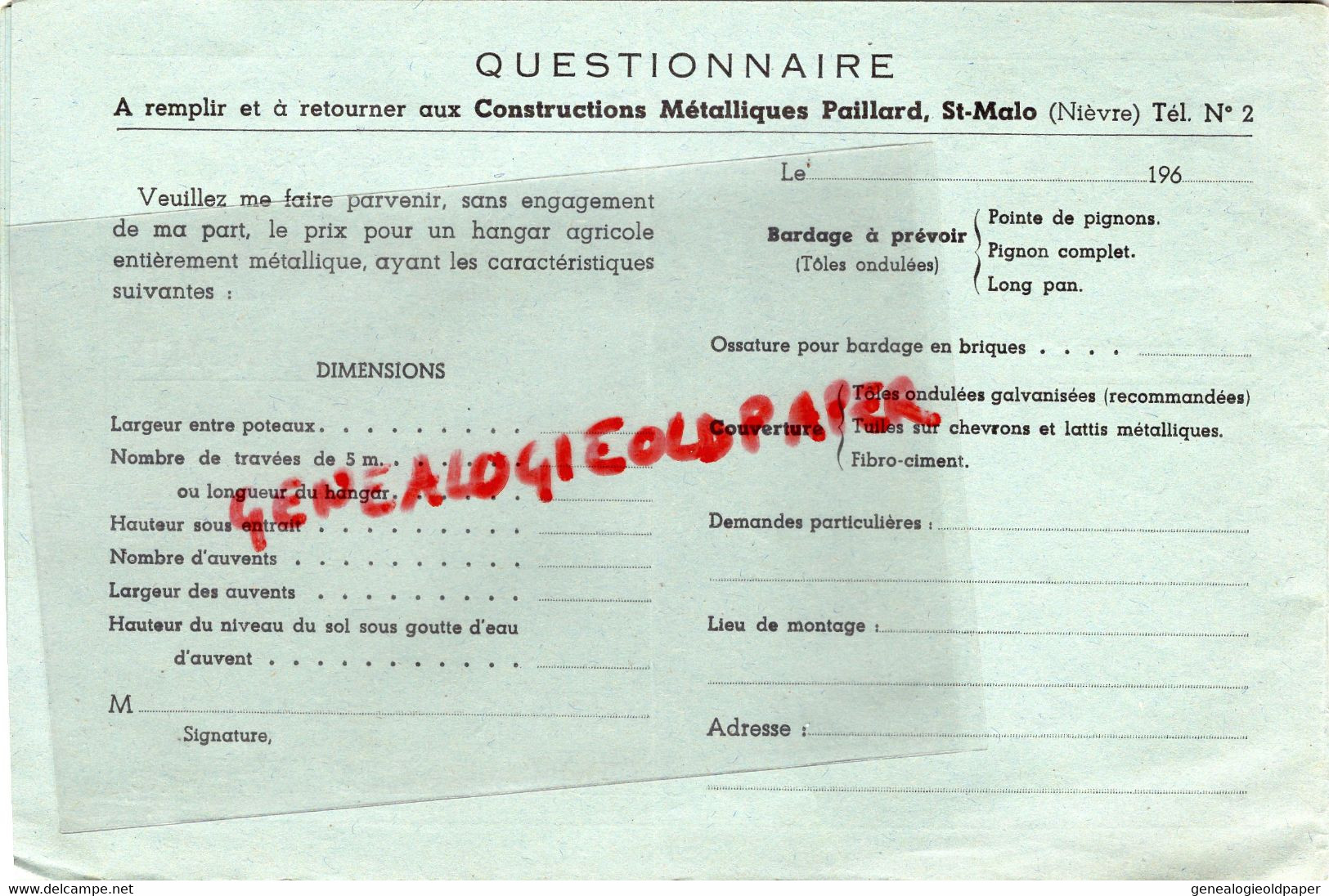 58- ST SAINT MALO-NIEVRE-RARE CATALOGUEHANGAR HANGARS PAILLARD-AGRICULTURE CHARPENTES-A. VANDAELE ST GEORGES PRESIEUX - Landwirtschaft