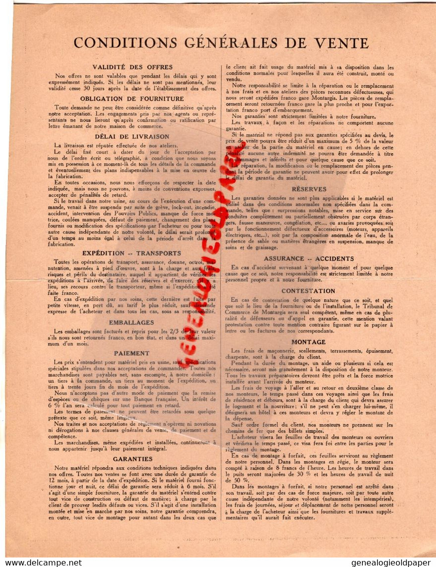 45-MONTARGIS- RARE DEVIS ETS. PIERRE MENGIN- HYDRO POMPES SURFACE -PUITS- AGRICULTURE  1932-M. PERONNE CHATEAU DU CREUX - Agriculture