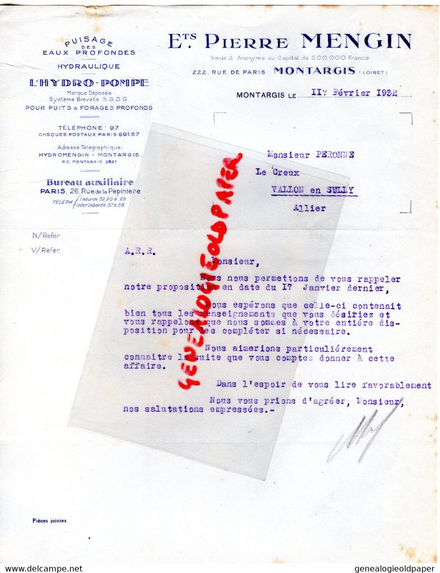 45-MONTARGIS- RARE DEVIS ETS. PIERRE MENGIN- HYDRO POMPES SURFACE -PUITS- AGRICULTURE  1932-M. PERONNE CHATEAU DU CREUX - Agriculture