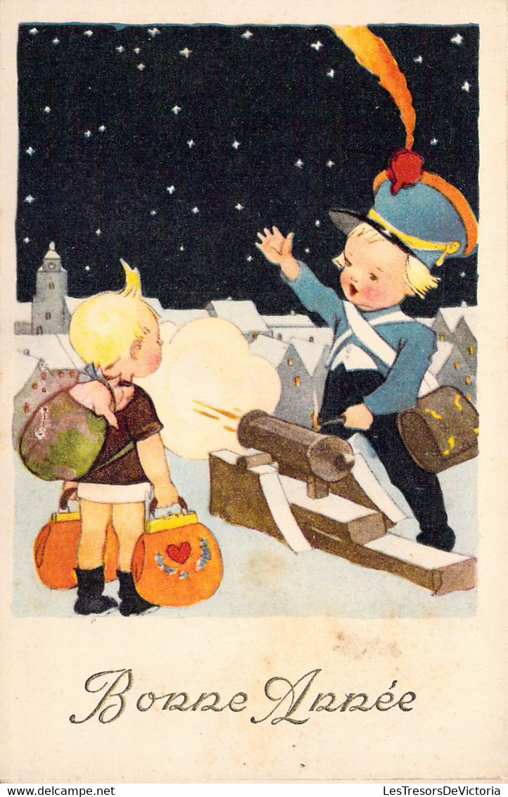 Bonne Année - Enfant Dans La Neige - Tir Au Canon - Cochon Dans Le Sac - Illustration - Carte Postale Ancienne - Nieuwjaar