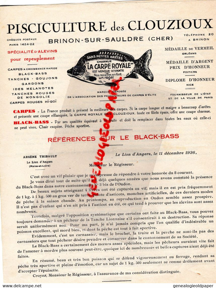 18- BRINON SUR SAULDRE-PROSPECTUS PUBLICITE PISCICULTURE DES CLOUZIOUX-CARPE ROYALE-BLACK BASS-1936 LION ANGERS THIBAULT - Agriculture