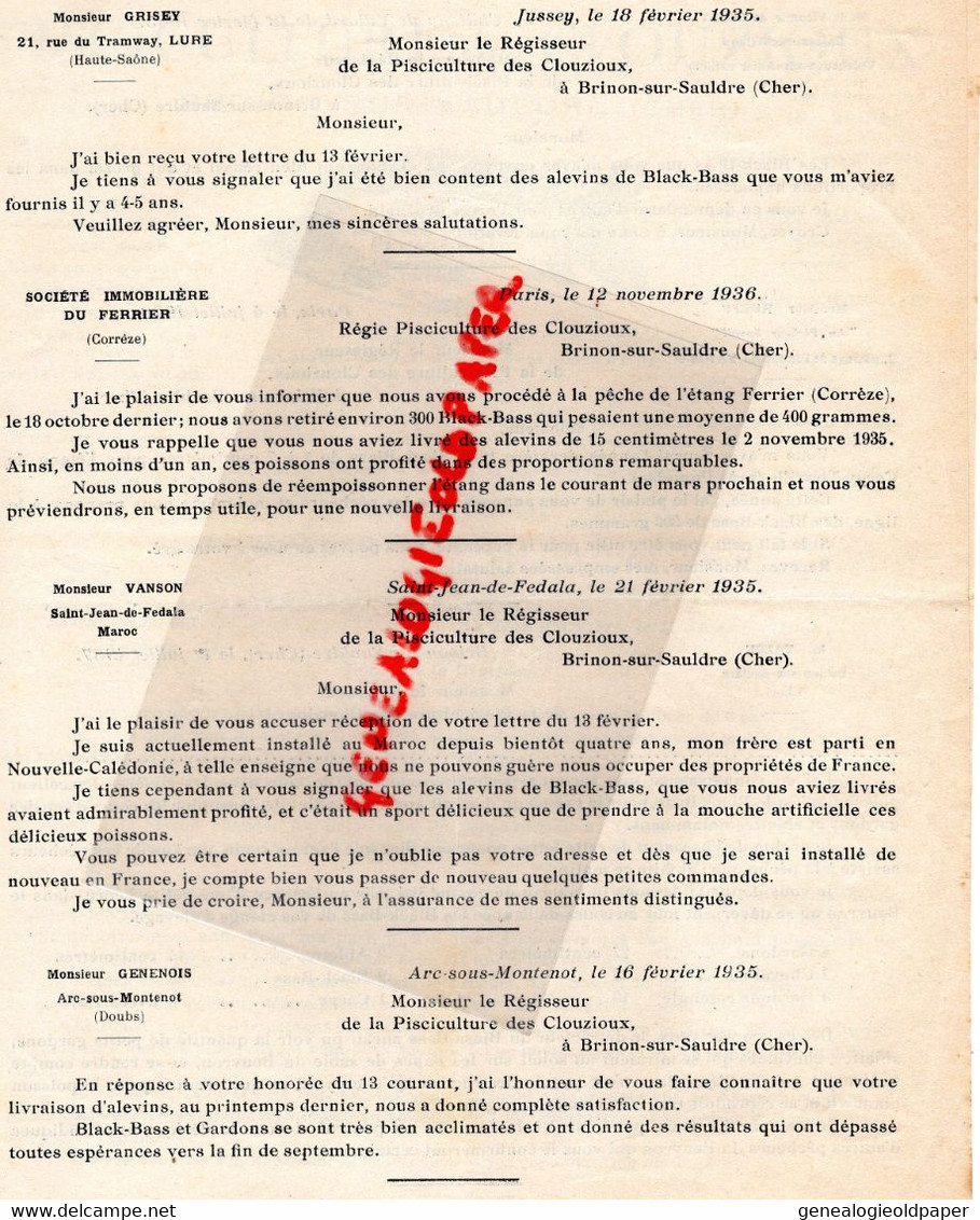 18- BRINON SUR SAULDRE-PROSPECTUS PUBLICITE PISCICULTURE DES CLOUZIOUX-CARPE ROYALE-BLACK BASS-1936 LION ANGERS THIBAULT - Agriculture