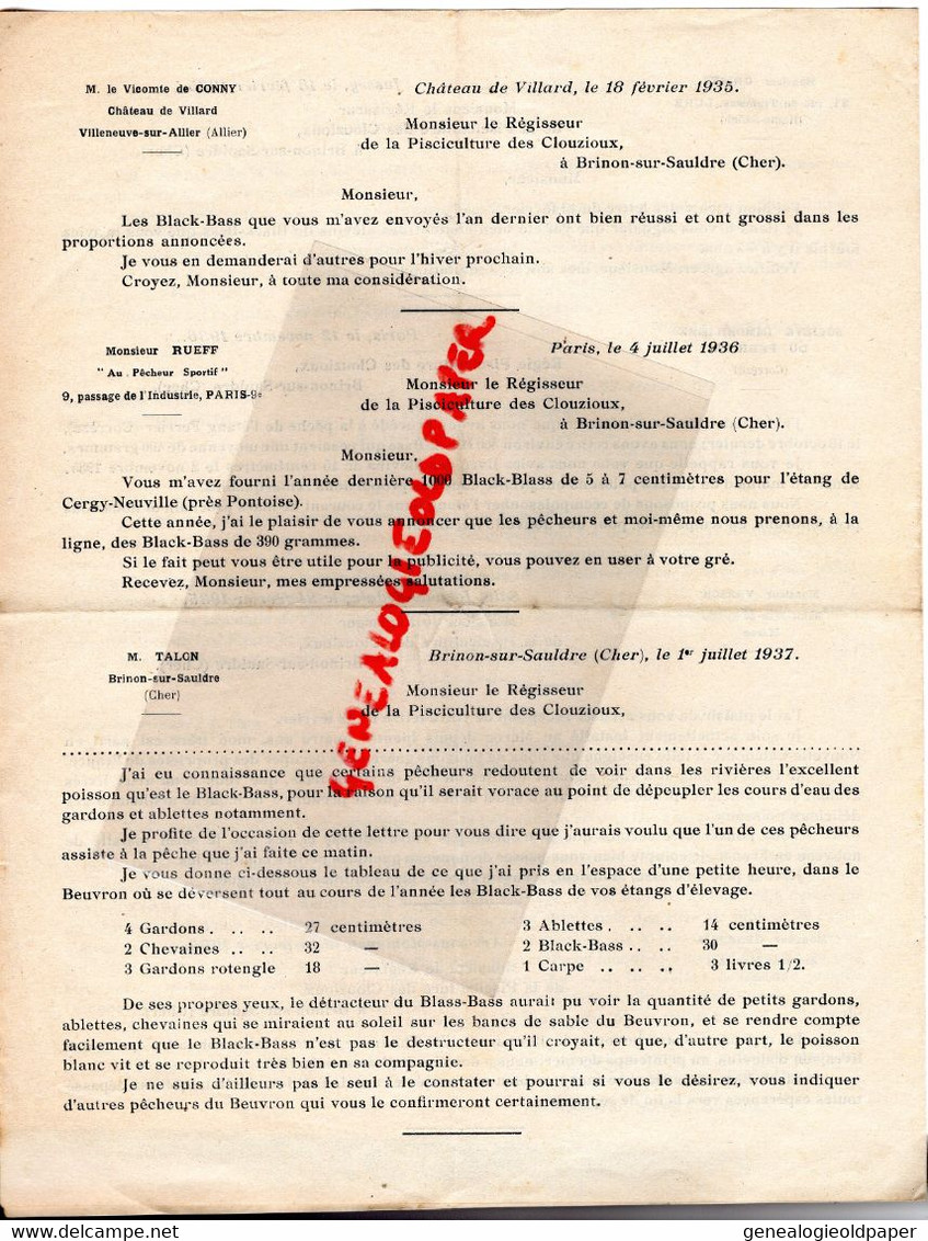 18- BRINON SUR SAULDRE-PROSPECTUS PUBLICITE PISCICULTURE DES CLOUZIOUX-CARPE ROYALE-BLACK BASS-1936 LION ANGERS THIBAULT - Landwirtschaft