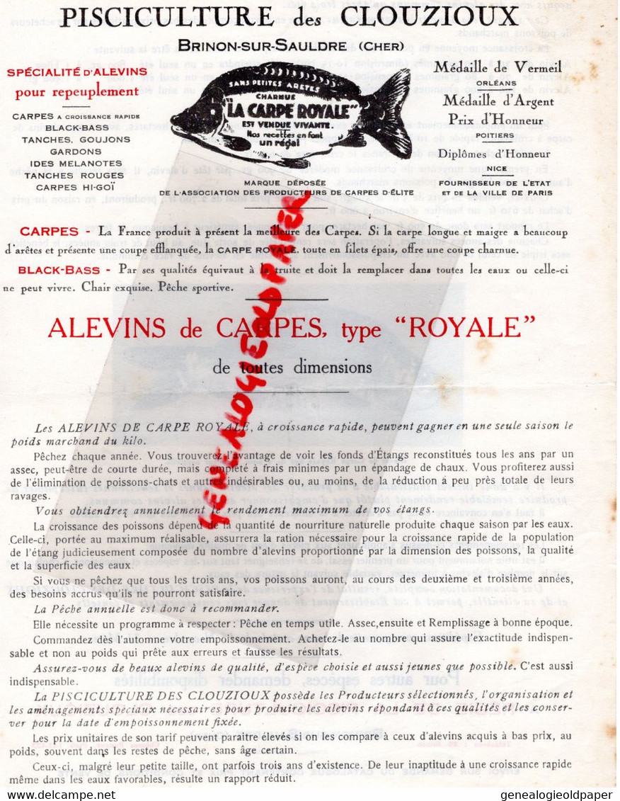 18- BRINON SUR SAULDRE-PROSPECTUS PUBLICITE PISCICULTURE DES CLOUZIOUX- ALEVINS CARPES CARPE ROYALE- BLACH BASS-GOUJON - Landwirtschaft