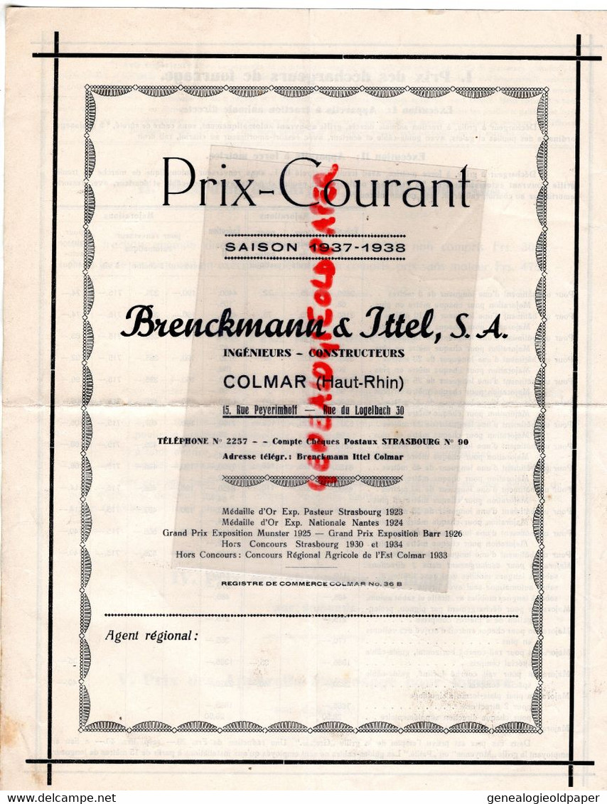 68-COLMAR- RARE PRIX 1937-1938- BRENCKMANN ITTEL-DECHARGEURS AGRICULTURE-15 RUE PEYERIMHOFF- 30 RUE DU LOGELBACH - Landwirtschaft