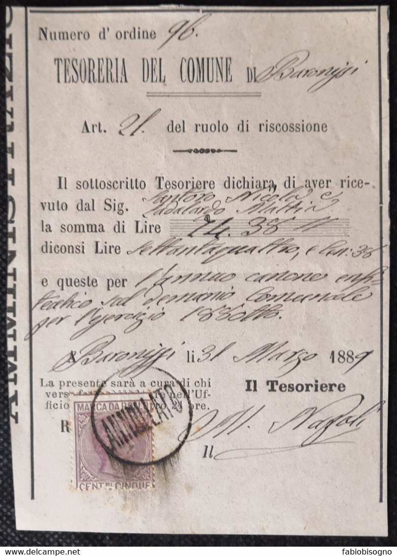 1889 Tesoreria Comune Di Baronissi (Salerno) - Marca Da Bollo Cent.mi Cinque ANNULLATO - Fiscales