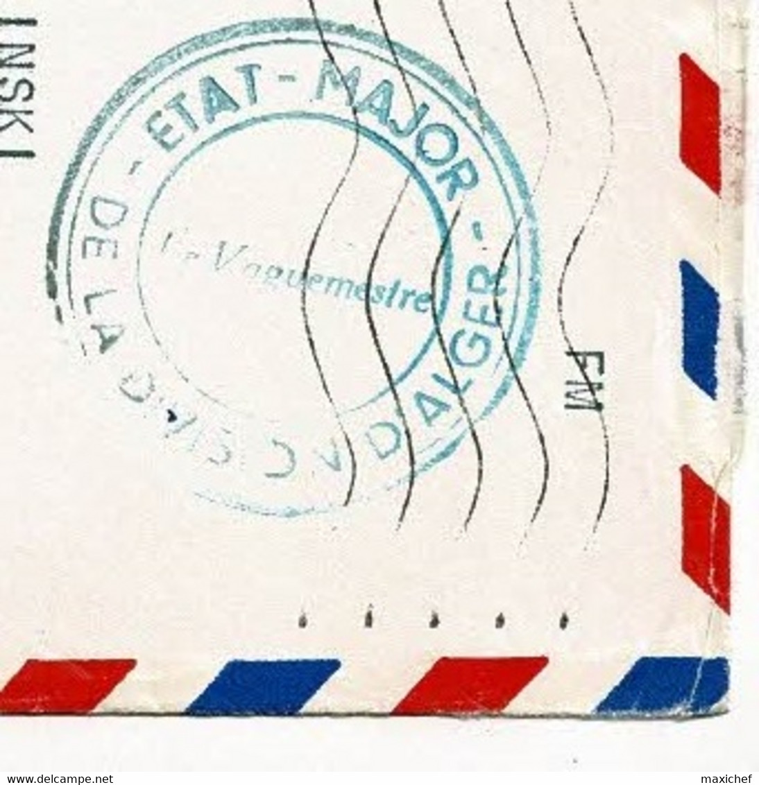 Cachet Triple Couronne, Encre Bleue "ETAT-MAJOR De La Division D'Alger, Le Vaguemestre - Circ 1956 En FM Pour France - Guerra D'Algeria