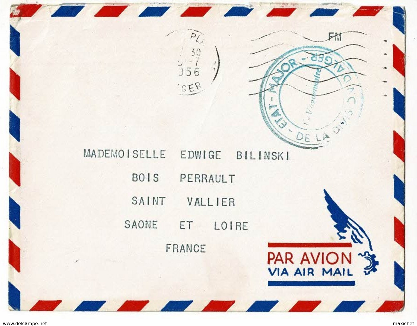 Cachet Triple Couronne, Encre Bleue "ETAT-MAJOR De La Division D'Alger, Le Vaguemestre - Circ 1956 En FM Pour France - Algerienkrieg