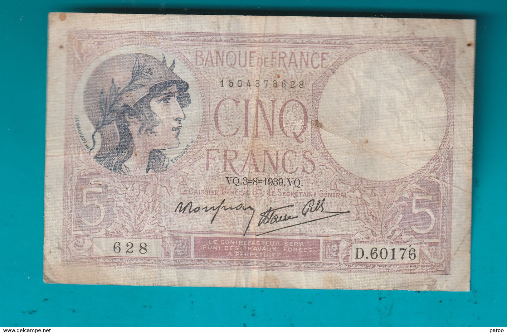 BILLET 5FR  DE 1939 / VENDU EN L'ETAT ( Cf Scan) - 5 F 1917-1940 ''Violet''