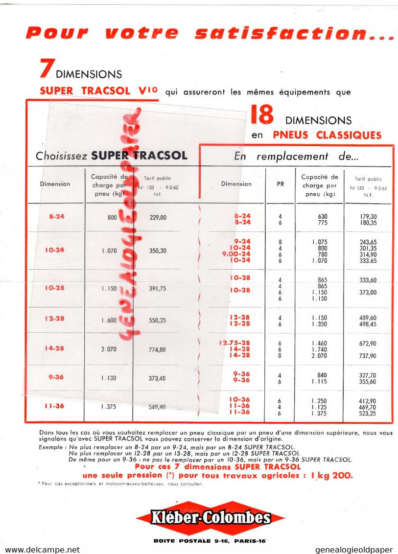 92- COLOMBES- PARIS- RARE PROSPECTUS PUBLICITE PNEUMATIQUES TRACTEUR KLEBER  SUPER TRACSOL V10- 1962